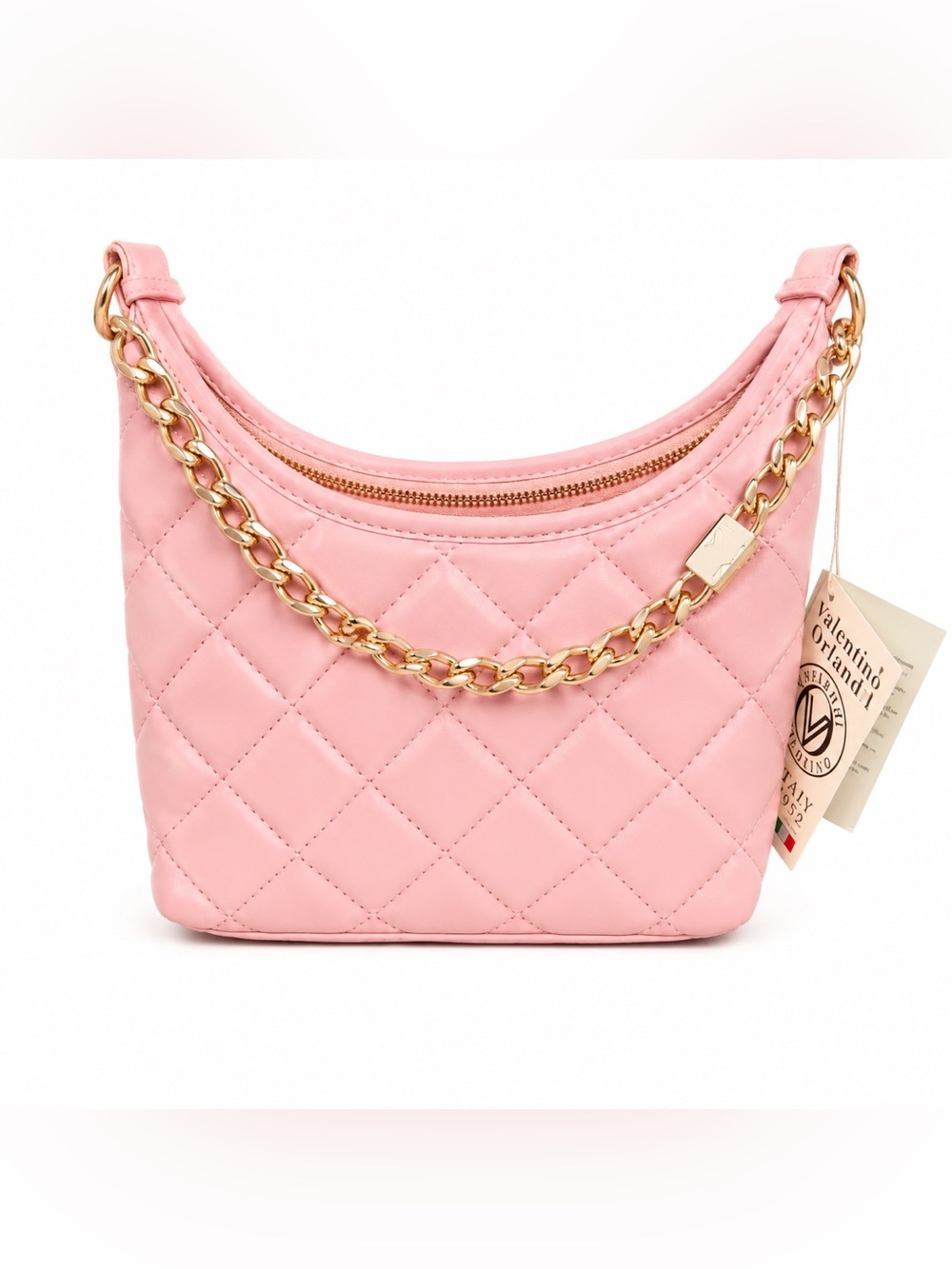 Valentino Orlandi Pink Quilted Vegan Leather Shoulder Bag Gold Chain NWT Purse - Picture 2 of 6